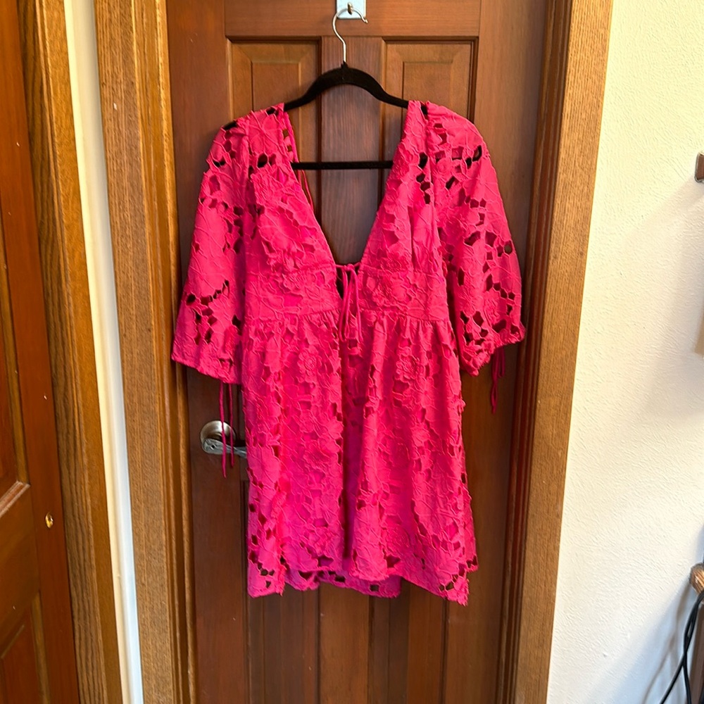 Storia sold by Vici pink lace mini dress, low cut, open back floral lace NWT